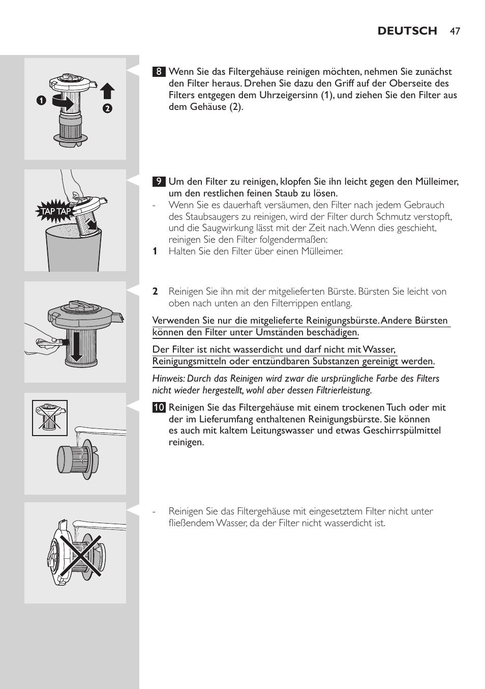Aufforderung zur reinigung des filters, Reinigung und pflege, Staubbehälter und filtereinheit reinigen | Philips ErgoFit Beutelloser Staubsauger User Manual | Page 47 / 218