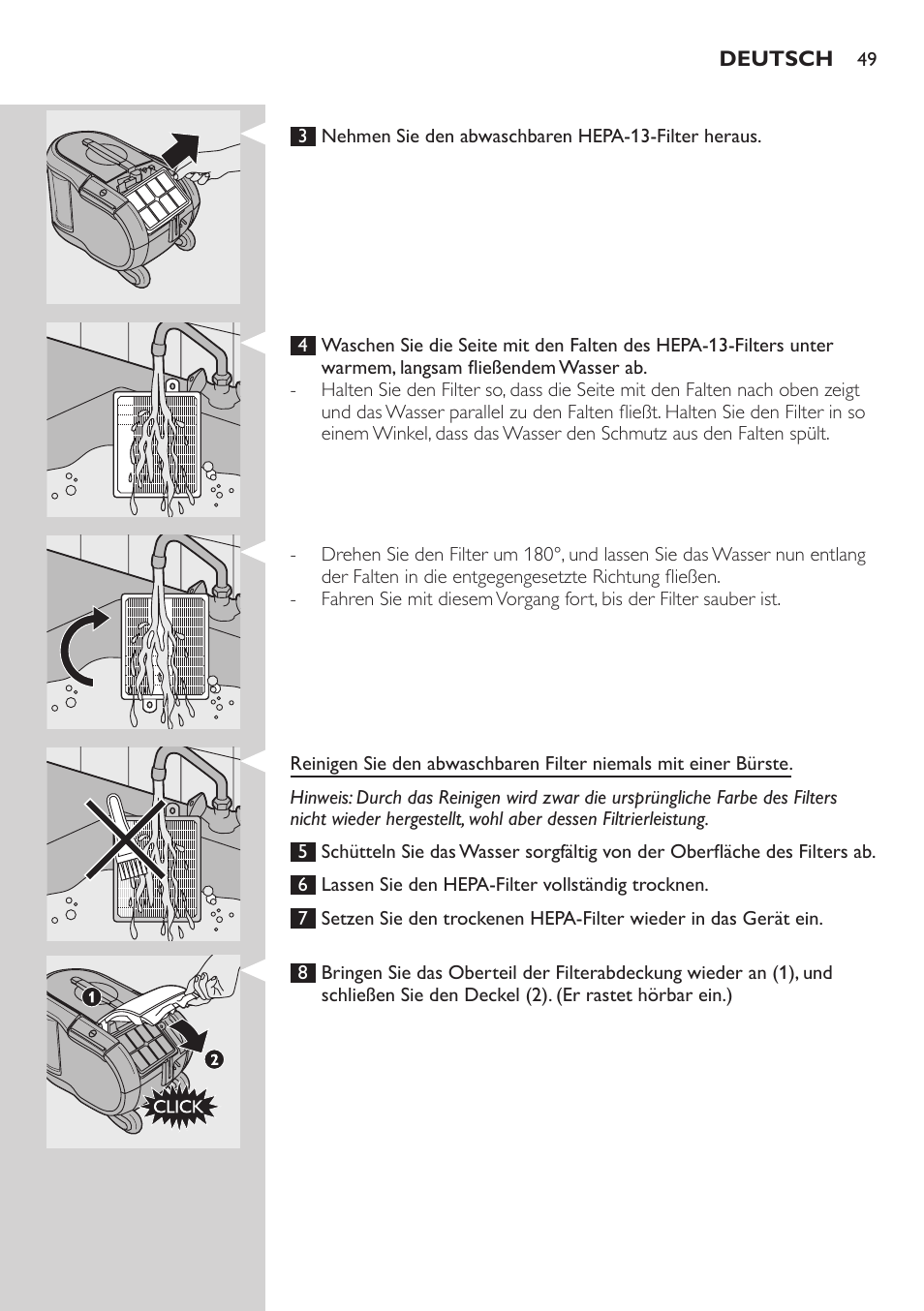 Reinigen des motorschutzfilters, Abwaschbarer ultra-clean-air-hepa-13-filter | Philips ErgoFit Beutelloser Staubsauger User Manual | Page 49 / 218