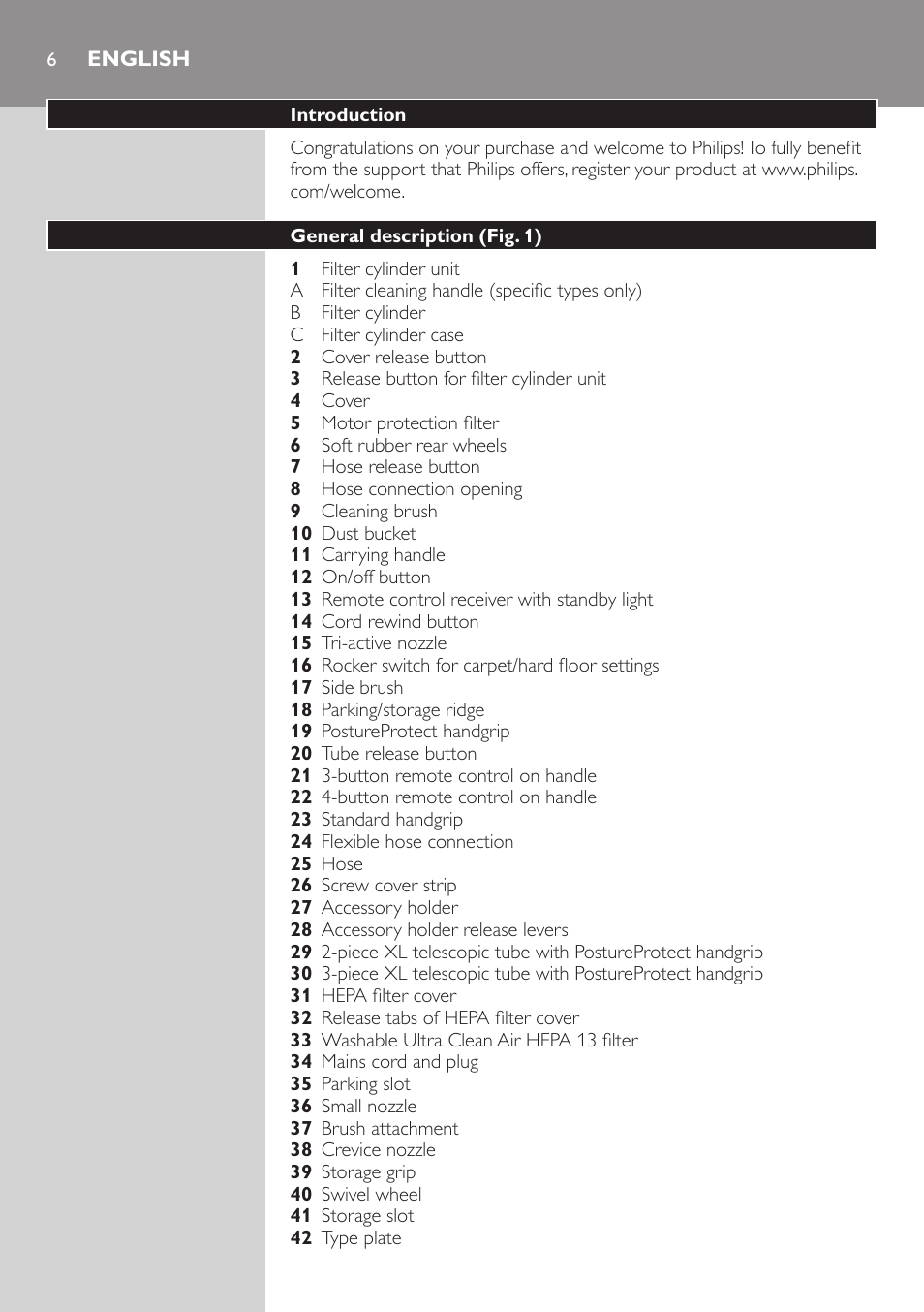 English, Introduction, General description (fig. 1) | Philips ErgoFit Beutelloser Staubsauger User Manual | Page 6 / 218