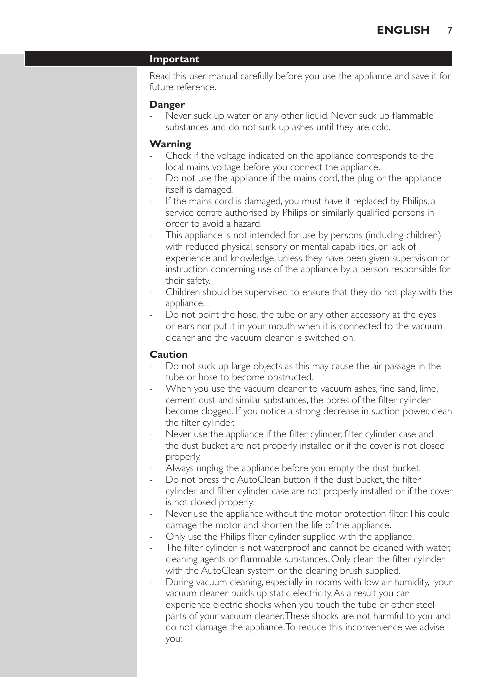 Important, Danger, Warning | Caution | Philips ErgoFit Beutelloser Staubsauger User Manual | Page 7 / 218