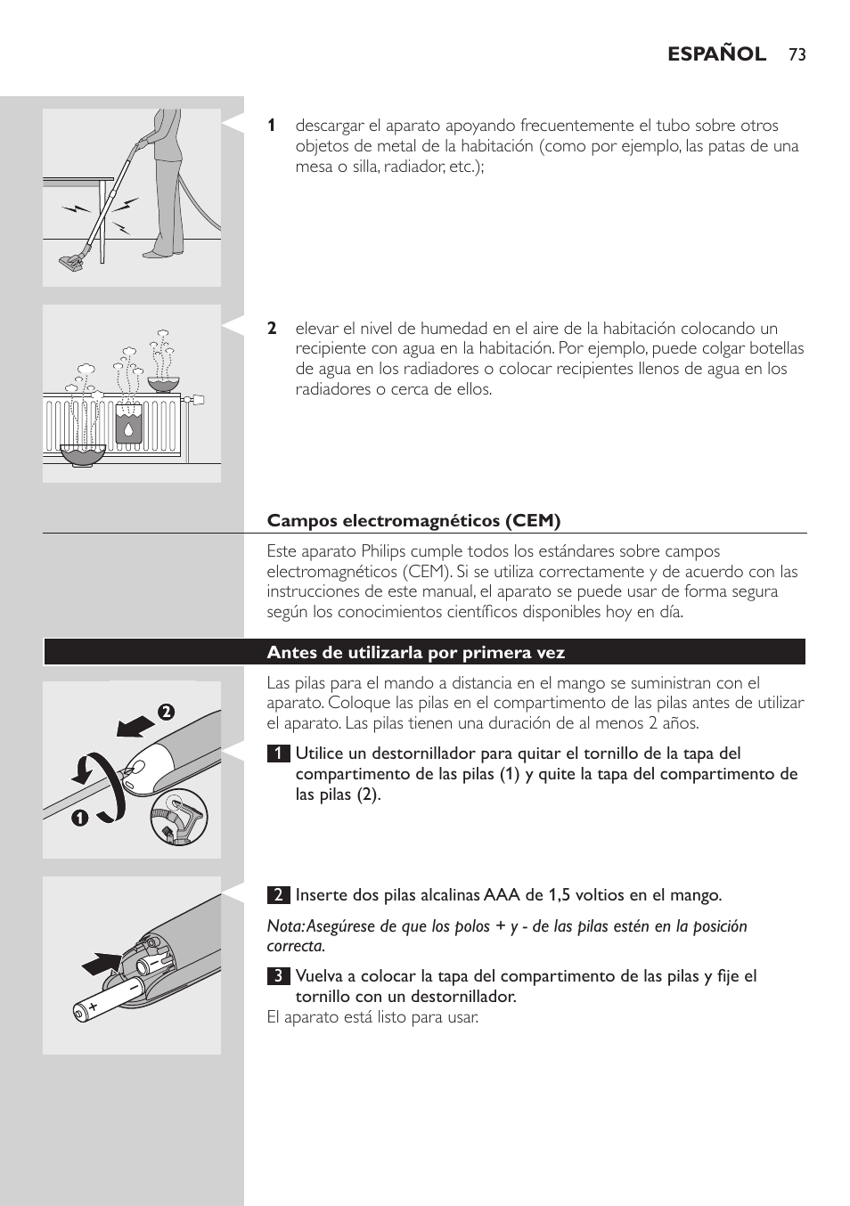 Campos electromagnéticos (cem), Antes de utilizarla por primera vez | Philips ErgoFit Beutelloser Staubsauger User Manual | Page 73 / 218