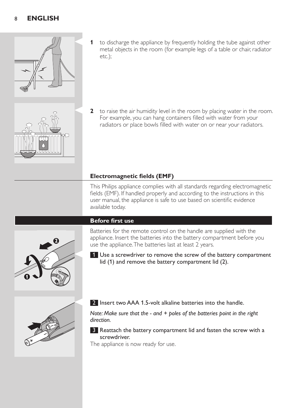 Electromagnetic fields (emf), Before first use | Philips ErgoFit Beutelloser Staubsauger User Manual | Page 8 / 218