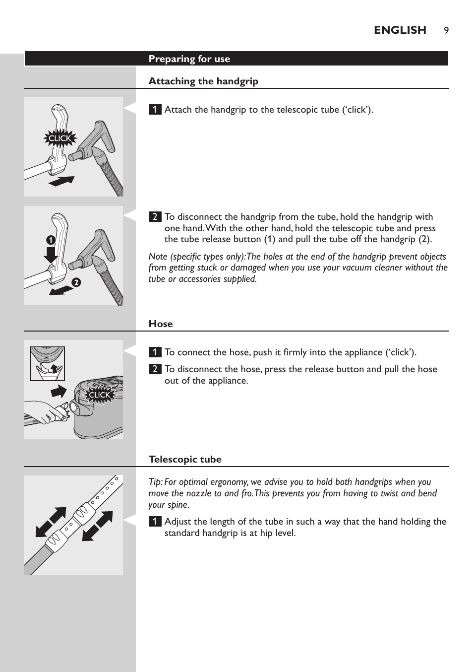 Preparing for use, Attaching the handgrip, Hose | Telescopic tube | Philips ErgoFit Beutelloser Staubsauger User Manual | Page 9 / 218