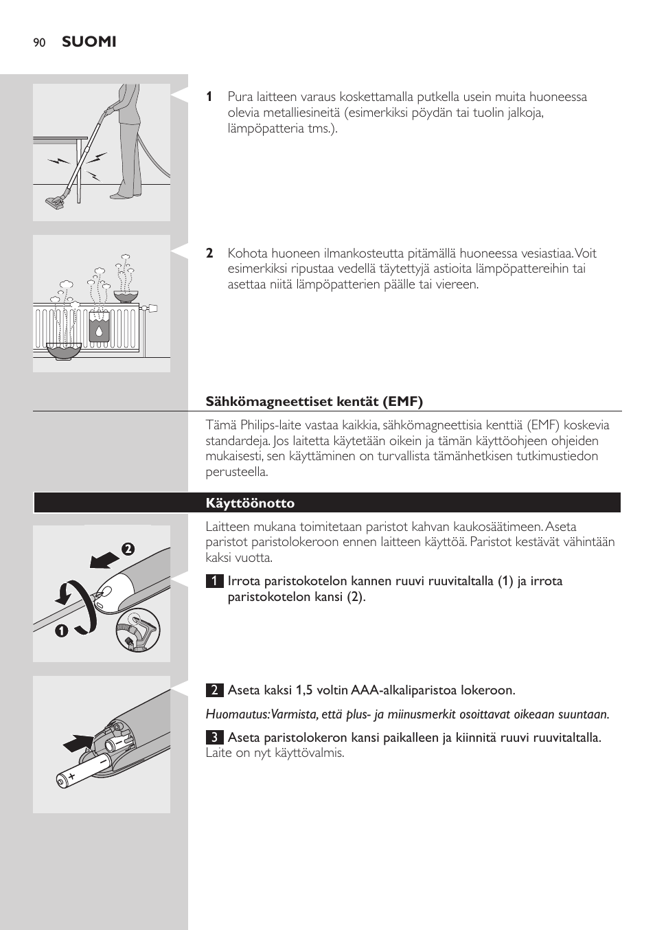 Sähkömagneettiset kentät (emf), Käyttöönotto | Philips ErgoFit Beutelloser Staubsauger User Manual | Page 90 / 218