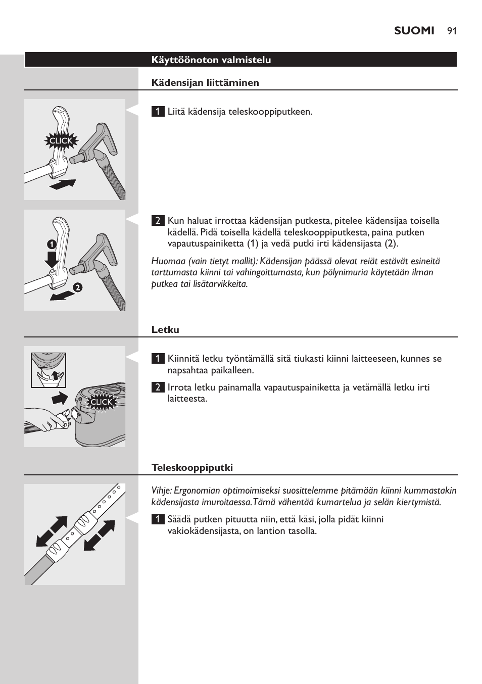 Käyttöönoton valmistelu, Kädensijan liittäminen, Letku | Teleskooppiputki | Philips ErgoFit Beutelloser Staubsauger User Manual | Page 91 / 218