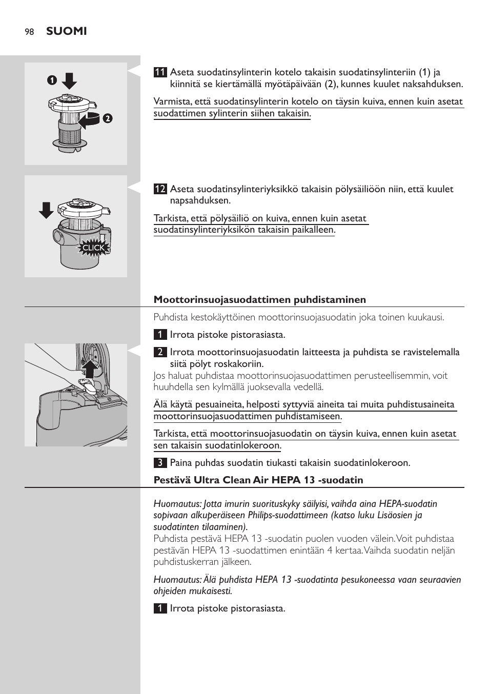 Moottorinsuojasuodattimen puhdistaminen, Pestävä ultra clean air hepa 13 -suodatin | Philips ErgoFit Beutelloser Staubsauger User Manual | Page 98 / 218