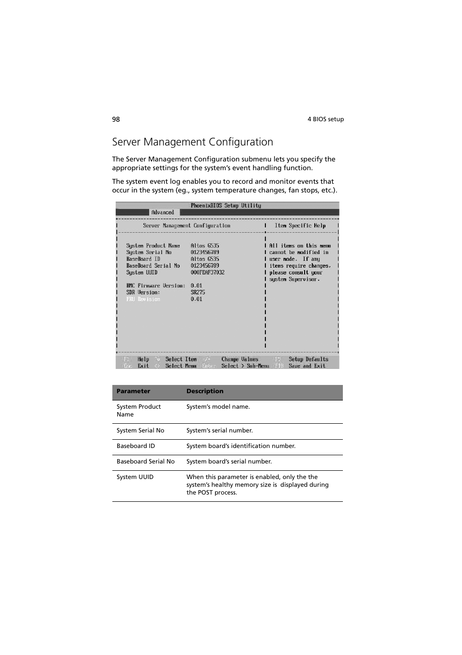 Server management configuration | Acer Altos G5350 Series User Manual | Page 108 / 164