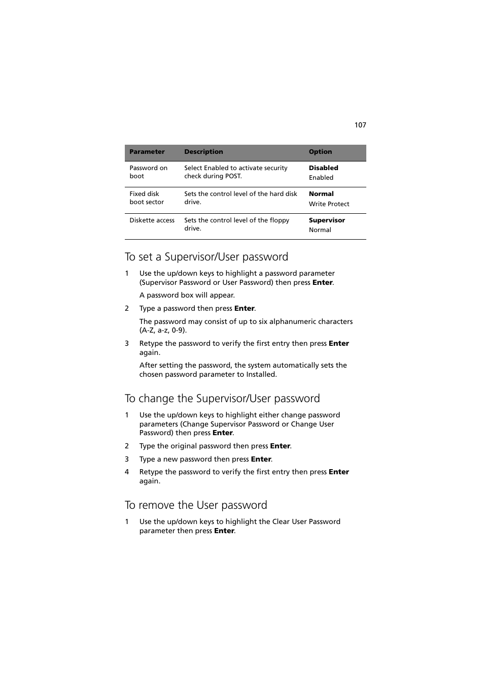 To set a supervisor/user password, To change the supervisor/user password, To remove the user password | Acer Altos G5350 Series User Manual | Page 117 / 164