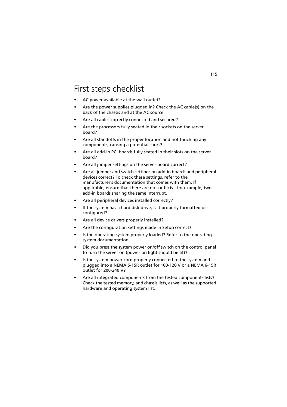 First steps checklist | Acer Altos G5350 Series User Manual | Page 125 / 164