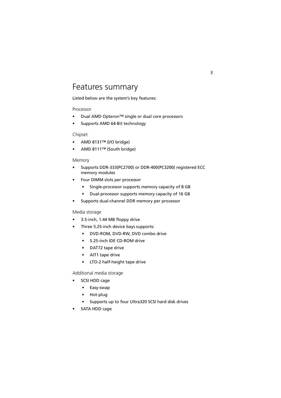 Features summary | Acer Altos G5350 Series User Manual | Page 13 / 164