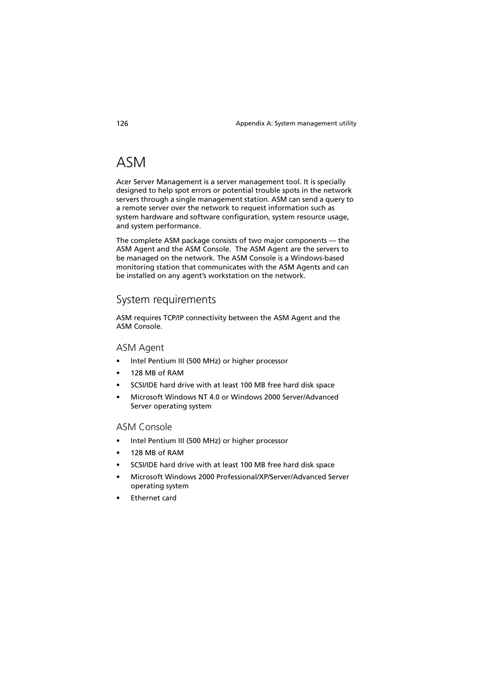 System requirements, Asm agent, Asm console | Acer Altos G5350 Series User Manual | Page 136 / 164