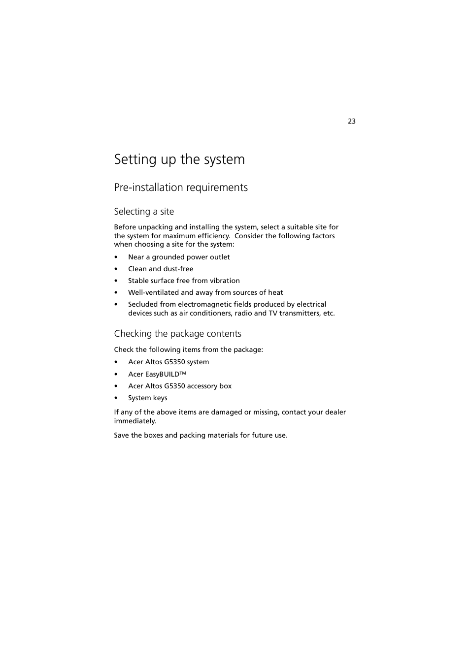 Setting up the system, Pre-installation requirements, Selecting a site | Checking the package contents | Acer Altos G5350 Series User Manual | Page 33 / 164