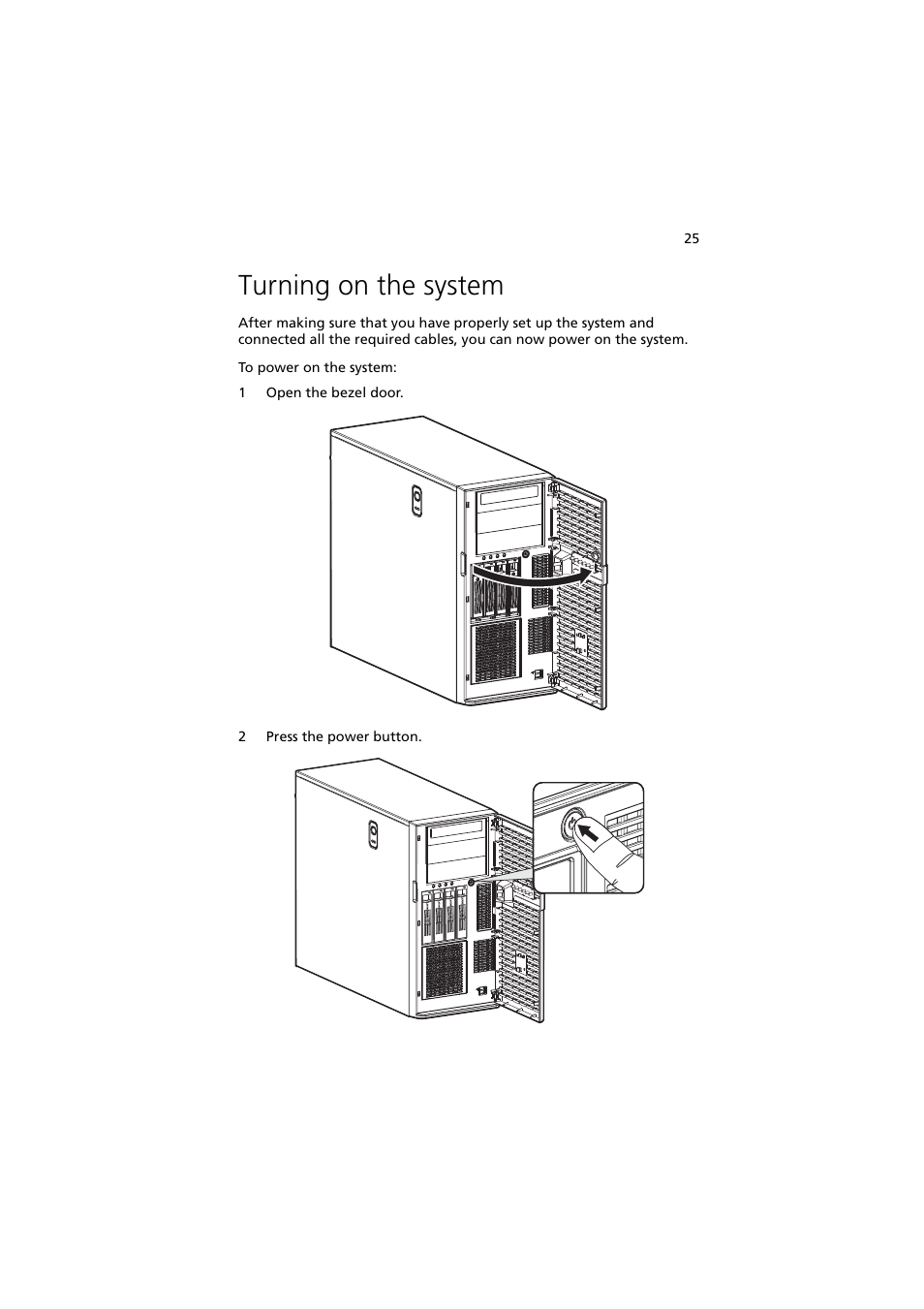 Turning on the system | Acer Altos G5350 Series User Manual | Page 35 / 164