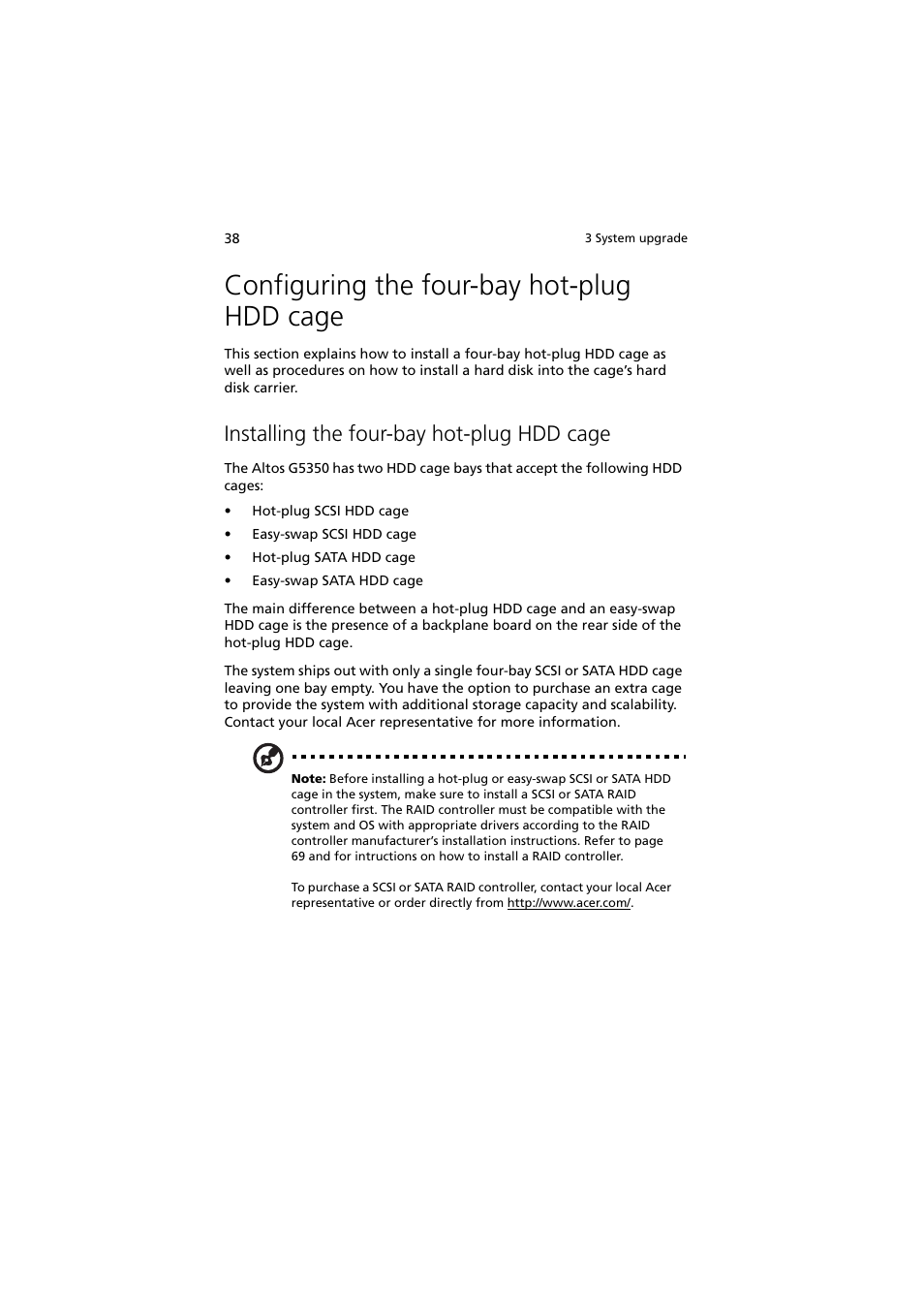 Configuring the four-bay hot-plug hdd cage, Installing the four-bay hot-plug hdd cage | Acer Altos G5350 Series User Manual | Page 48 / 164