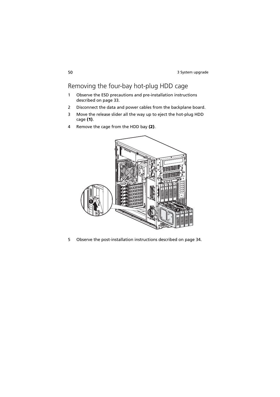 Removing the four-bay hot-plug hdd cage | Acer Altos G5350 Series User Manual | Page 60 / 164