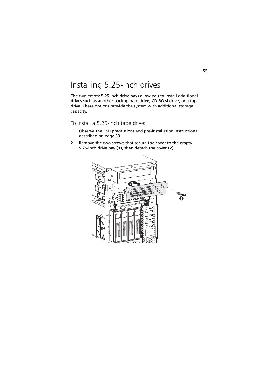 Installing 5.25-inch drives | Acer Altos G5350 Series User Manual | Page 65 / 164