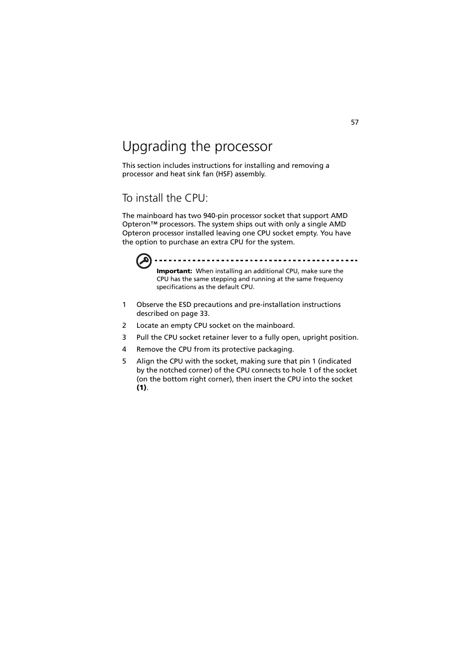 Upgrading the processor, To install the cpu | Acer Altos G5350 Series User Manual | Page 67 / 164