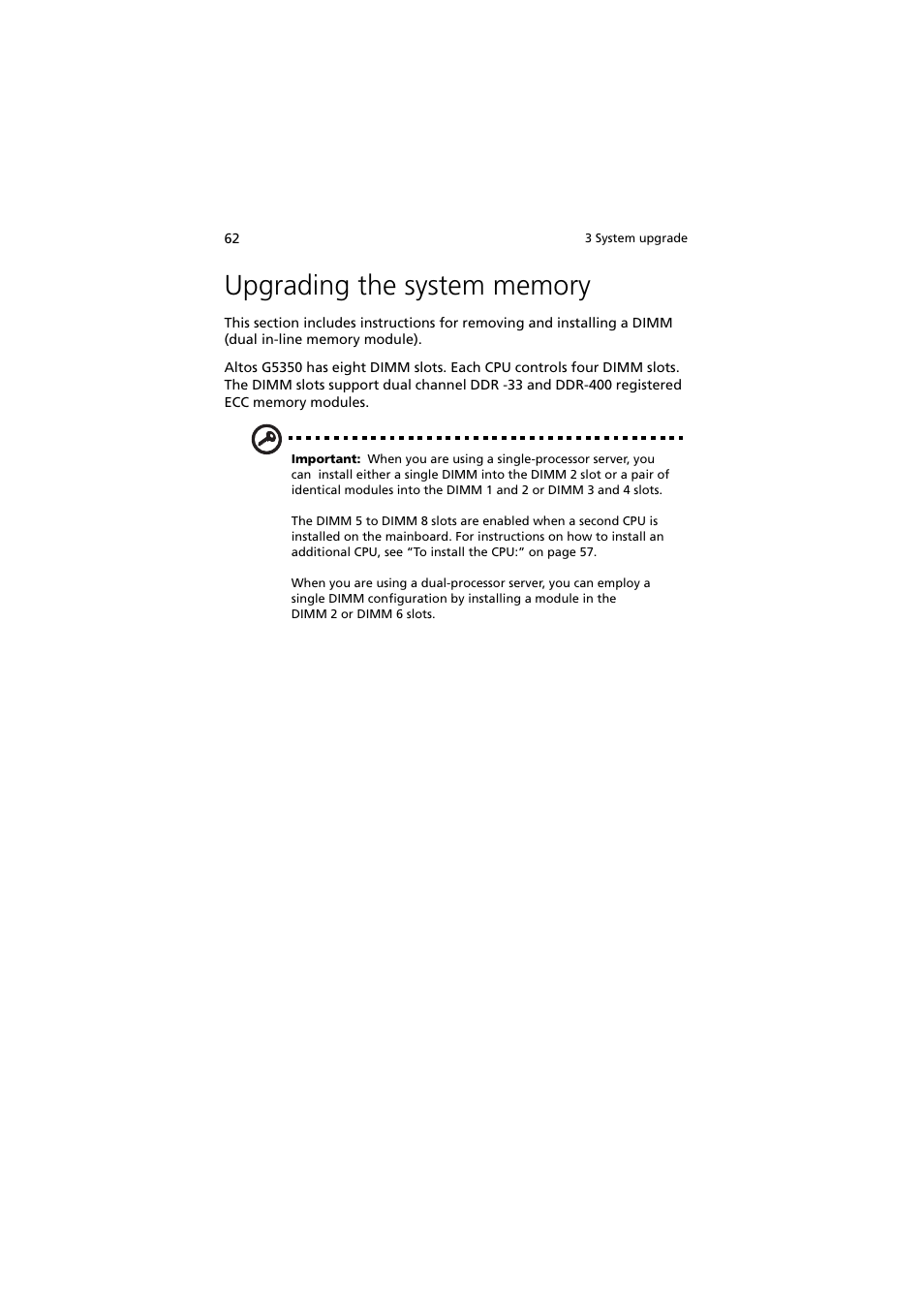 Upgrading the system memory | Acer Altos G5350 Series User Manual | Page 72 / 164