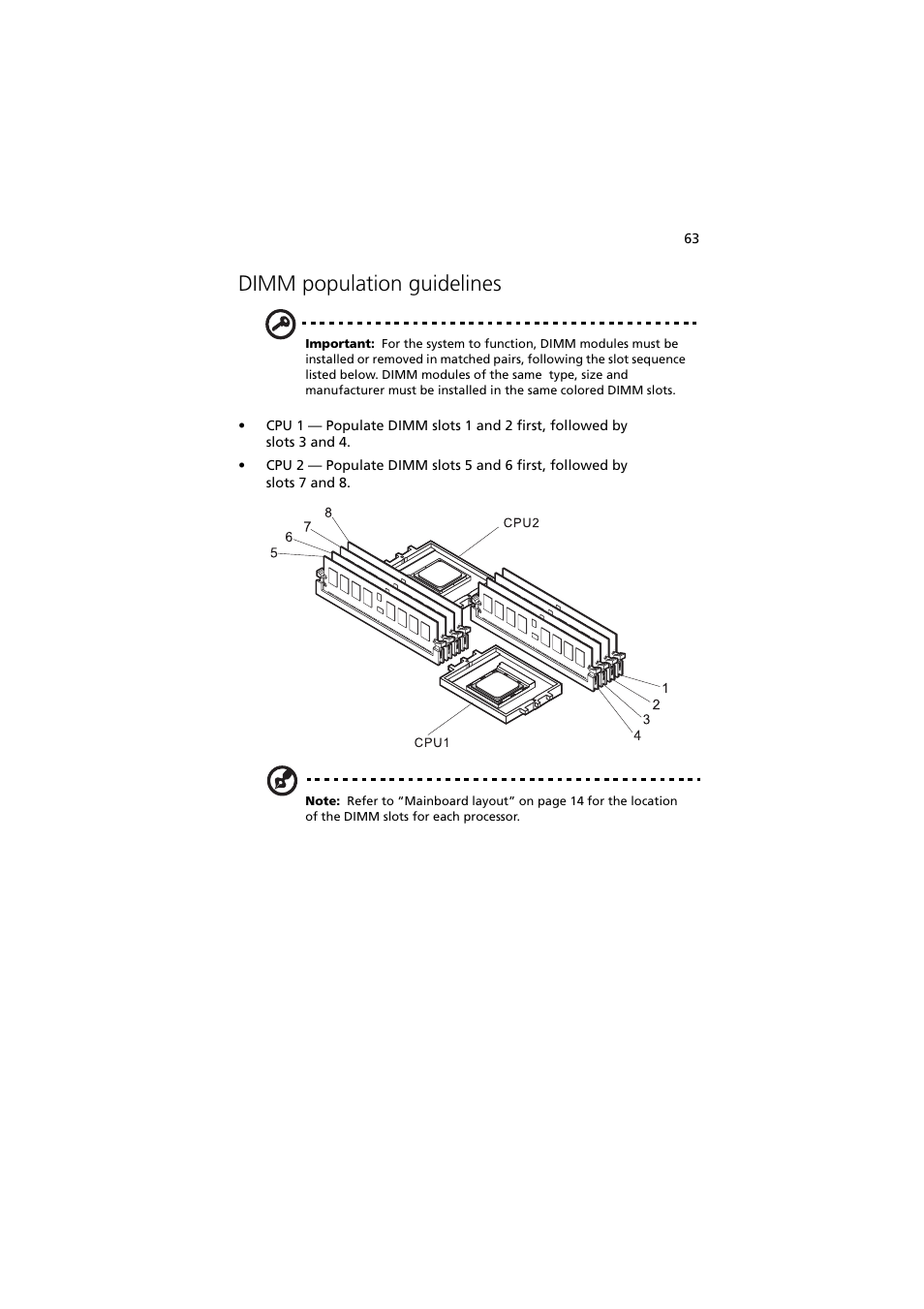 Dimm population guidelines | Acer Altos G5350 Series User Manual | Page 73 / 164