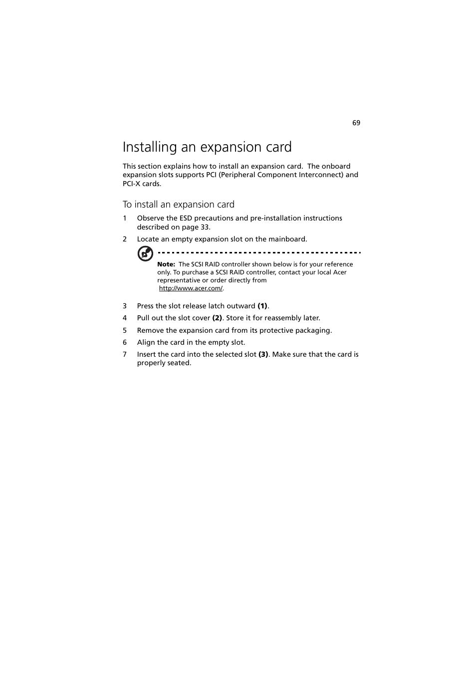 Installing an expansion card | Acer Altos G5350 Series User Manual | Page 79 / 164