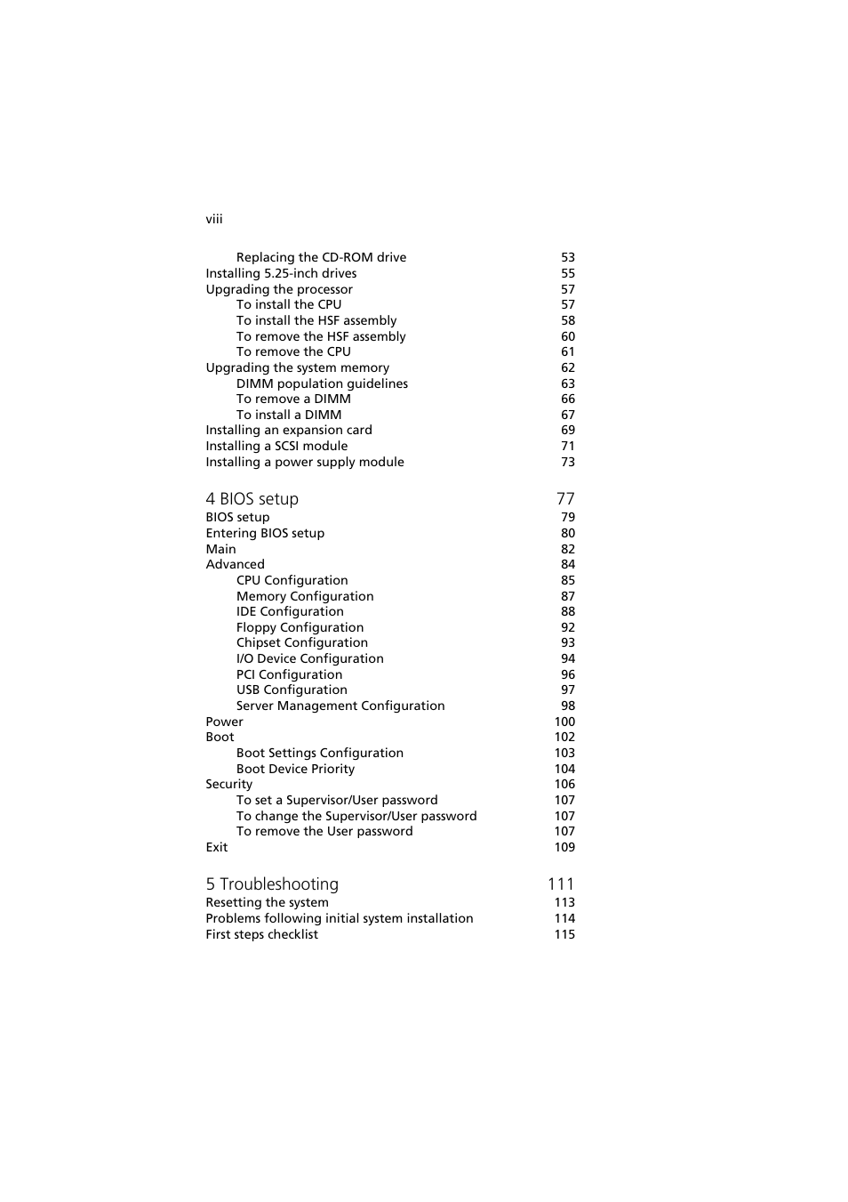 4 bios setup 77, 5 troubleshooting 111 | Acer Altos G5350 Series User Manual | Page 8 / 164