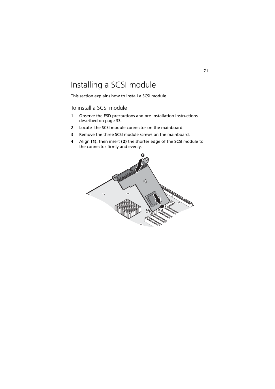 Installing a scsi module | Acer Altos G5350 Series User Manual | Page 81 / 164