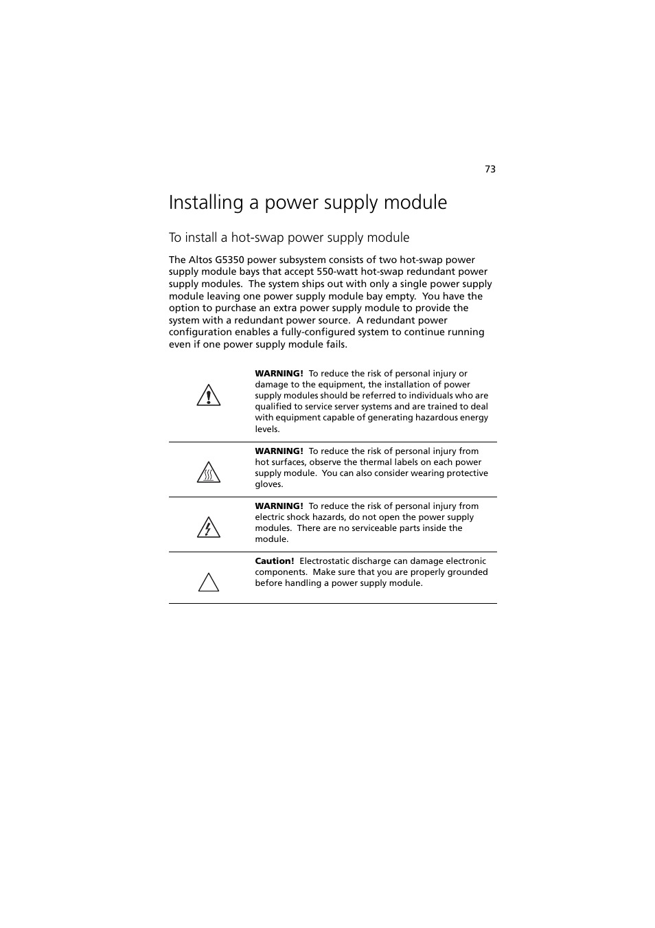 Installing a power supply module | Acer Altos G5350 Series User Manual | Page 83 / 164