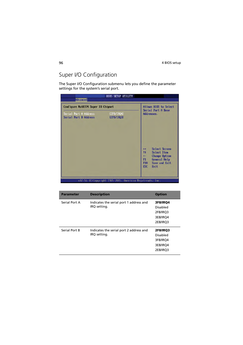 Super i/o configuration | Acer Altos G530 Series User Manual | Page 106 / 190