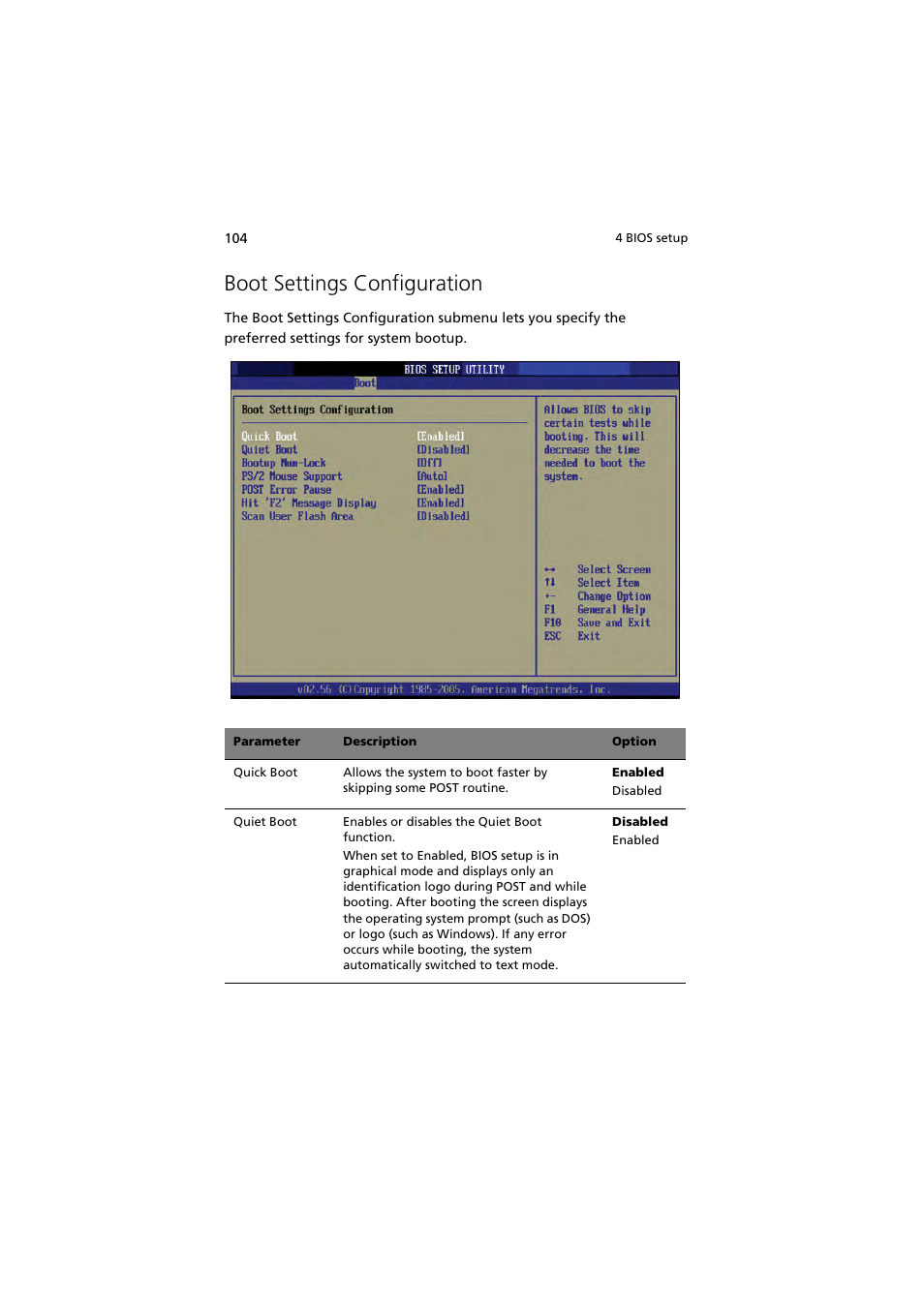 Boot settings configuration | Acer Altos G530 Series User Manual | Page 114 / 190