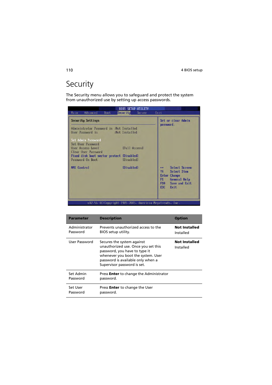 Security | Acer Altos G530 Series User Manual | Page 120 / 190