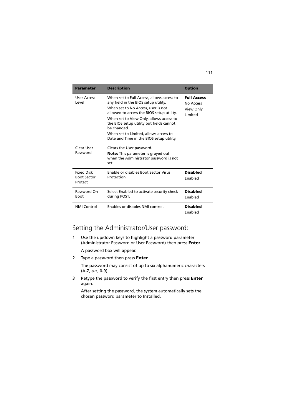 Setting the administrator/user password | Acer Altos G530 Series User Manual | Page 121 / 190