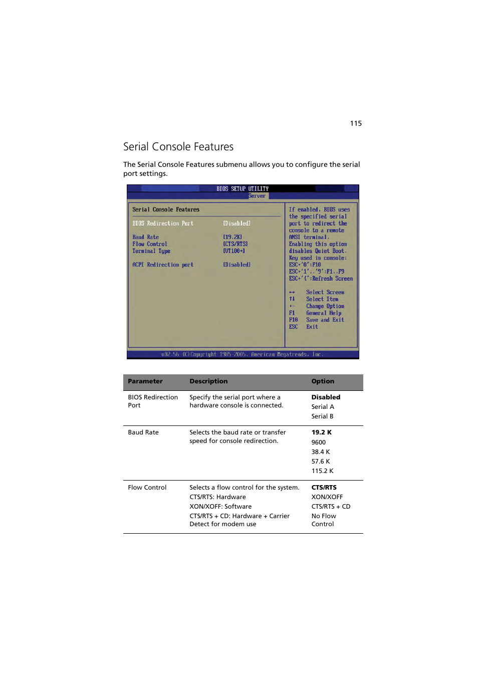 Serial console features | Acer Altos G530 Series User Manual | Page 125 / 190