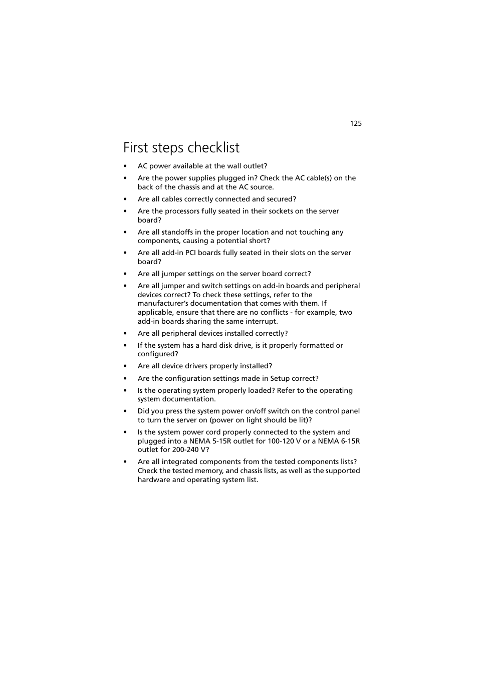 First steps checklist | Acer Altos G530 Series User Manual | Page 135 / 190