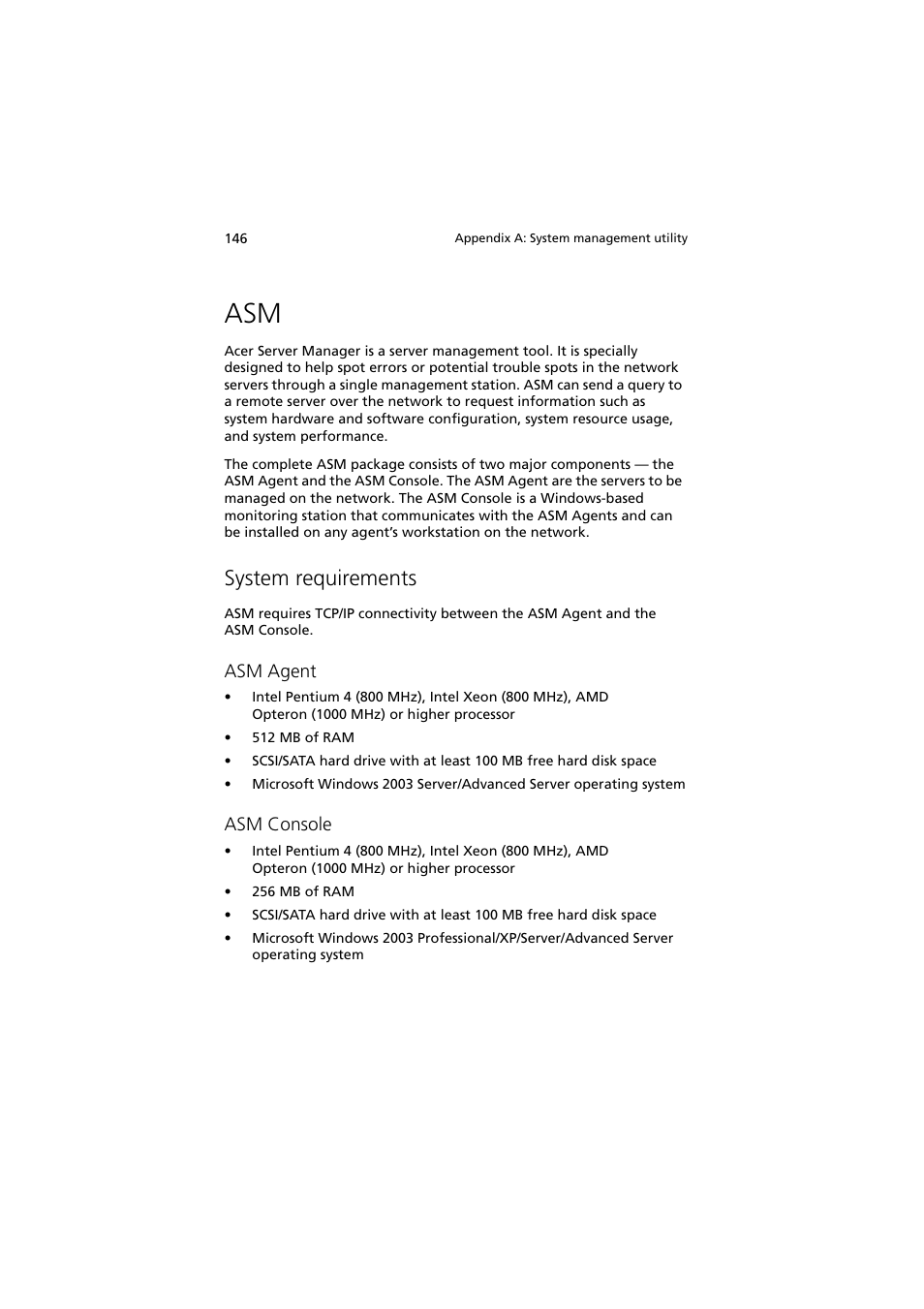 System requirements, Asm agent, Asm console | Acer Altos G530 Series User Manual | Page 156 / 190