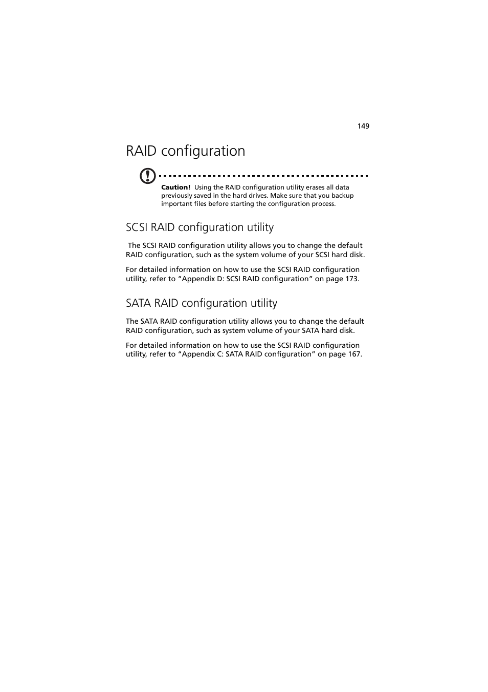 Raid configuration, Scsi raid configuration utility, Sata raid configuration utility | Acer Altos G530 Series User Manual | Page 159 / 190