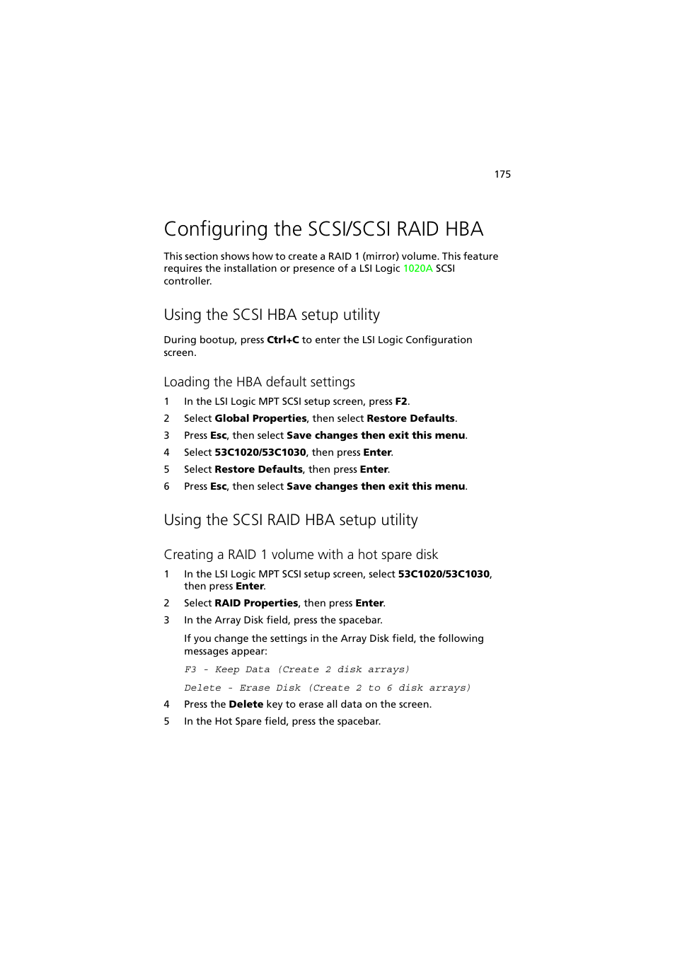 Configuring the scsi/scsi raid hba, Using the scsi hba setup utility, Using the scsi raid hba setup utility | Loading the hba default settings, Creating a raid 1 volume with a hot spare disk | Acer Altos G530 Series User Manual | Page 185 / 190