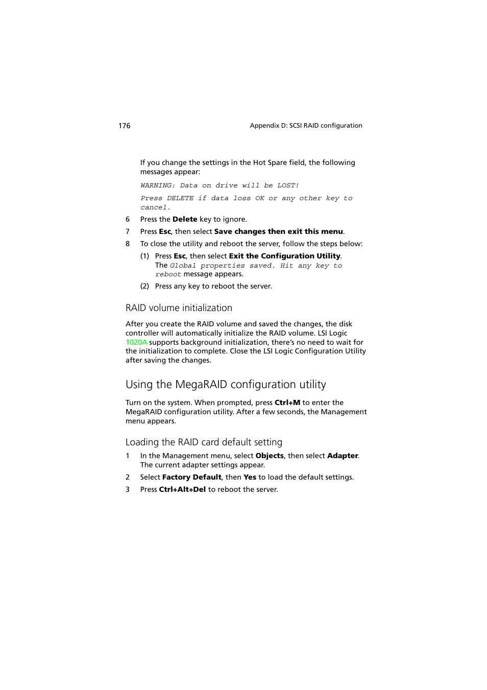 Using the megaraid configuration utility, Raid volume initialization, Loading the raid card default setting | Acer Altos G530 Series User Manual | Page 186 / 190