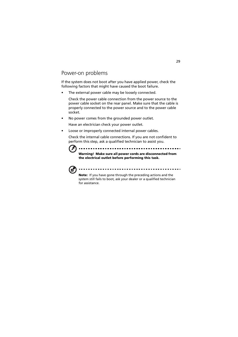 Power-on problems | Acer Altos G530 Series User Manual | Page 39 / 190
