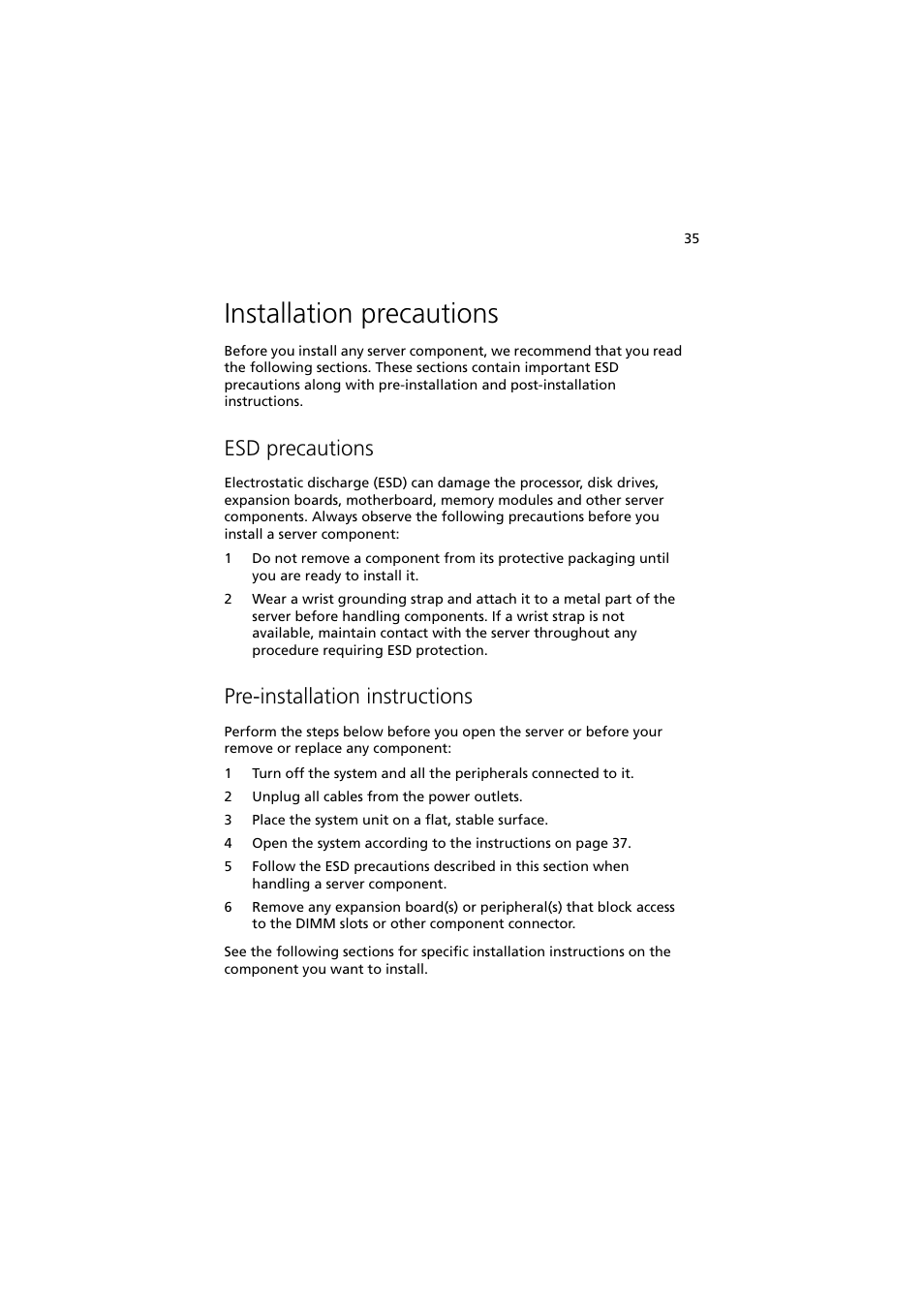 Installation precautions, Esd precautions, Pre-installation instructions | Acer Altos G530 Series User Manual | Page 45 / 190