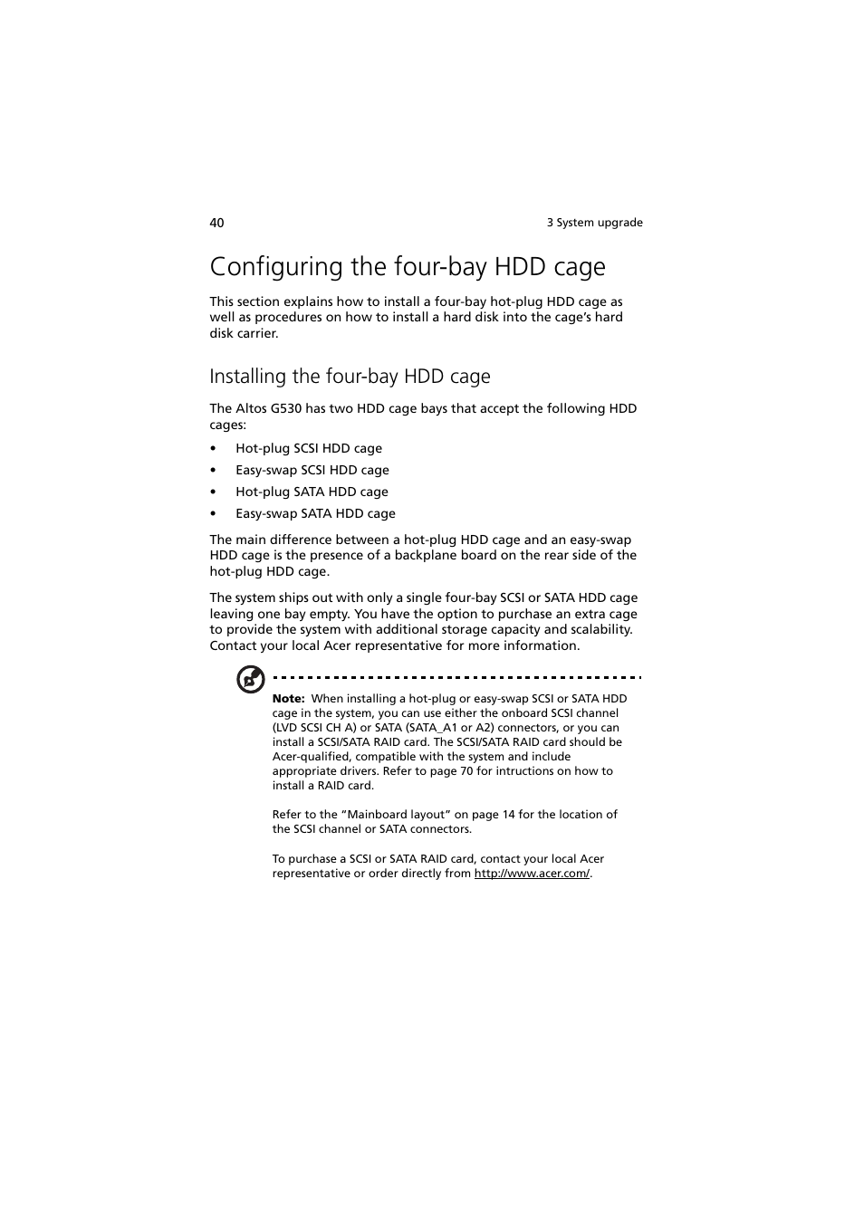 Configuring the four-bay hdd cage, Installing the four-bay hdd cage | Acer Altos G530 Series User Manual | Page 50 / 190