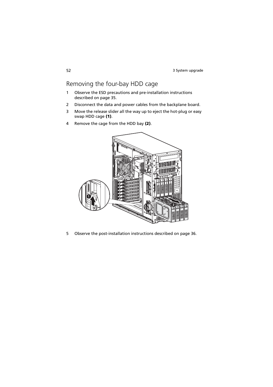 Removing the four-bay hdd cage | Acer Altos G530 Series User Manual | Page 62 / 190