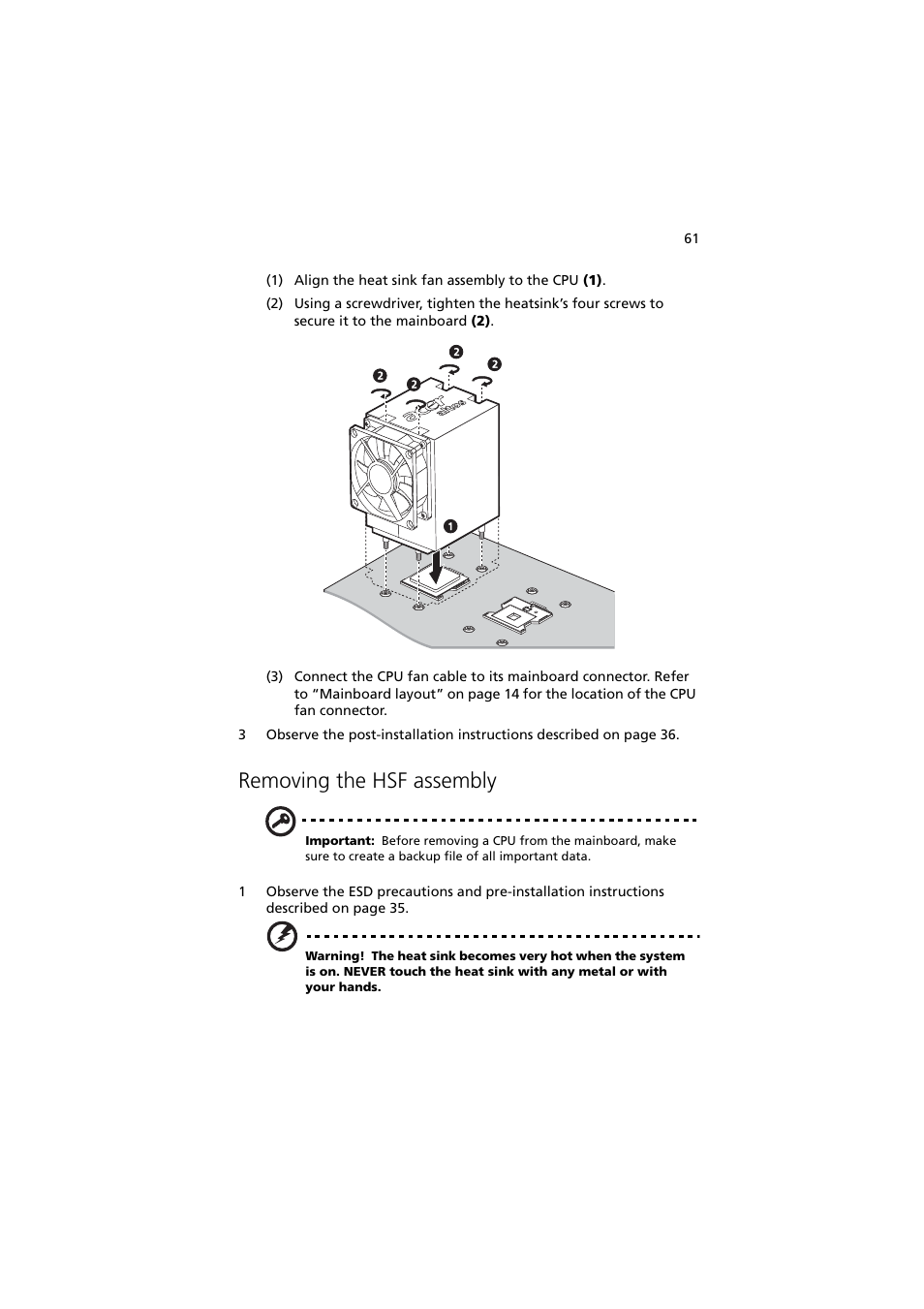 Removing the hsf assembly | Acer Altos G530 Series User Manual | Page 71 / 190