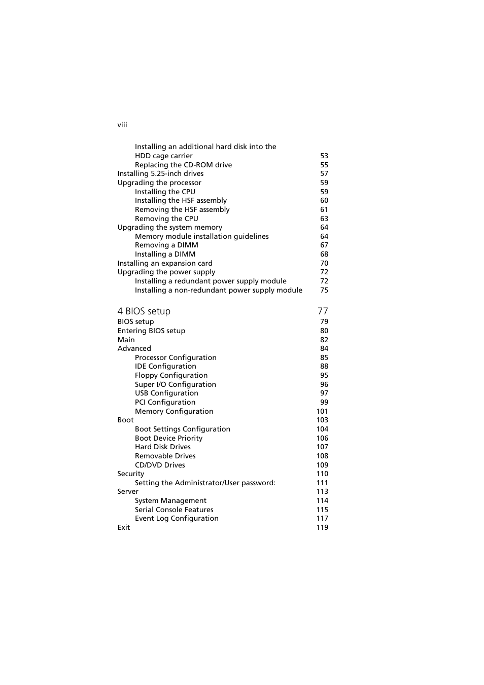 4 bios setup 77 | Acer Altos G530 Series User Manual | Page 8 / 190