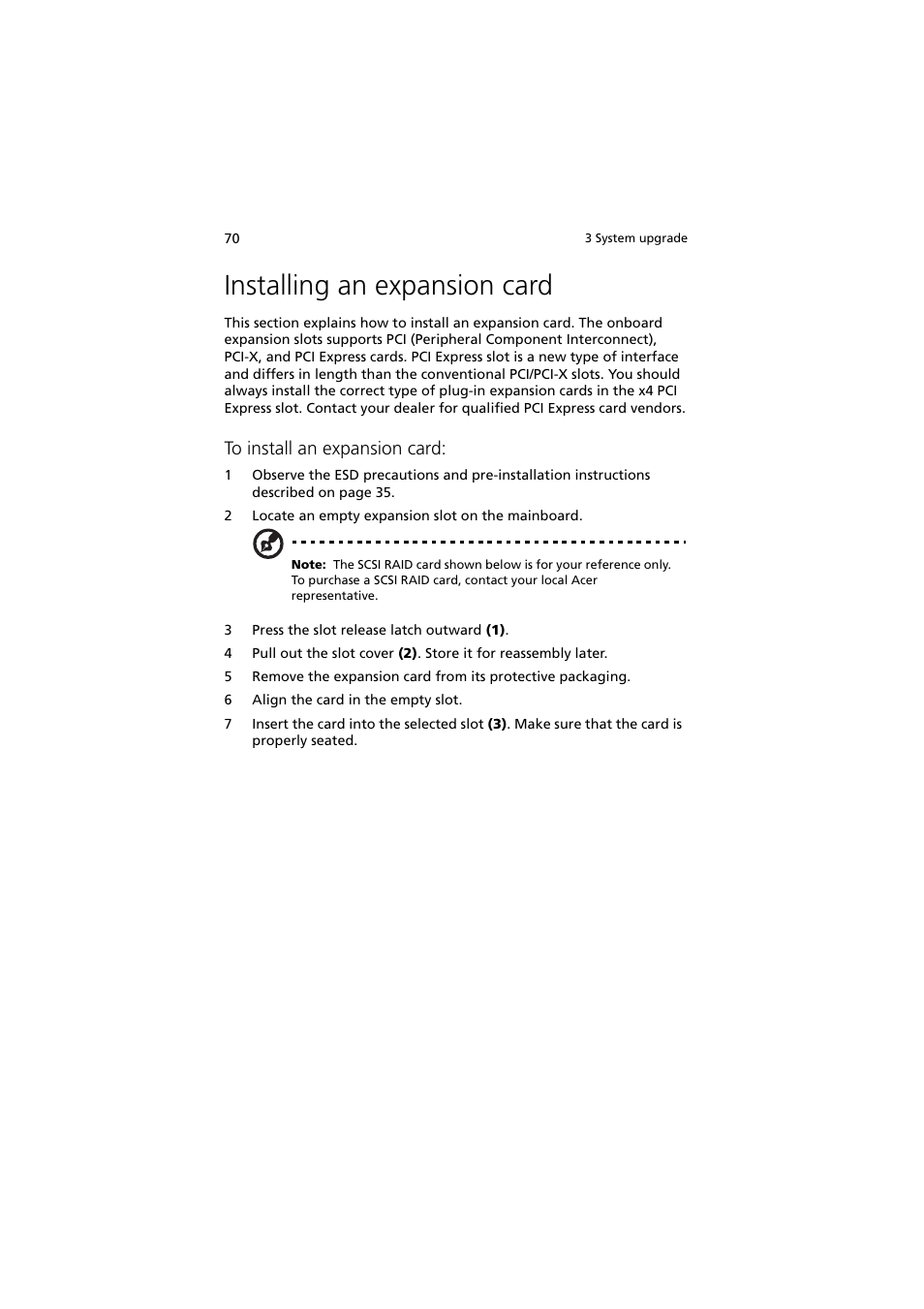 Installing an expansion card | Acer Altos G530 Series User Manual | Page 80 / 190