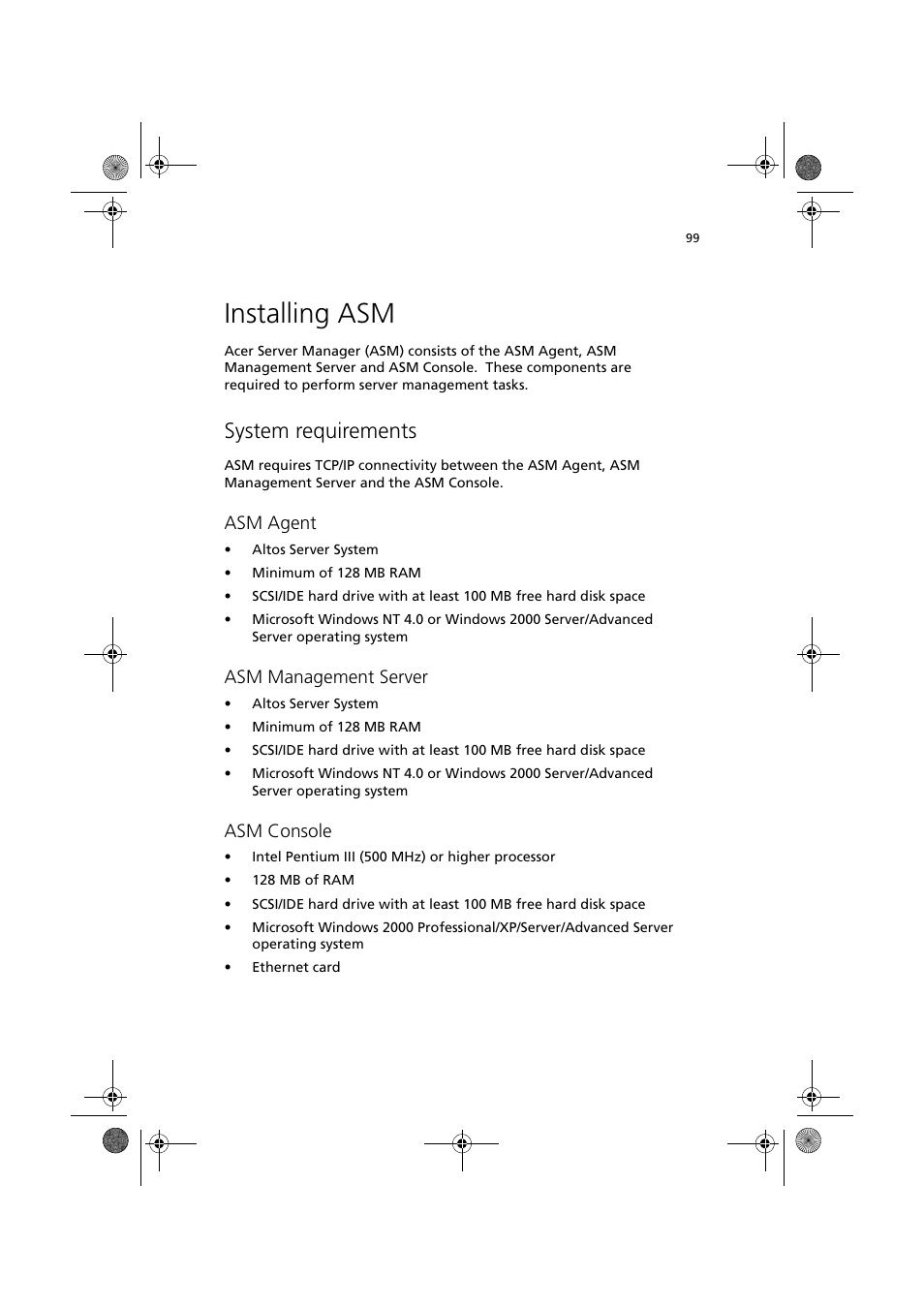 Installing asm, System requirements, Asm agent | Asm management server, Asm console | Acer Altos R300 User Manual | Page 113 / 130