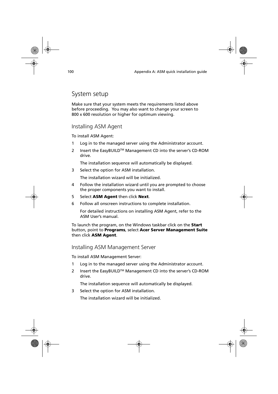 System setup, Installing asm agent, Installing asm management server | Acer Altos R300 User Manual | Page 114 / 130