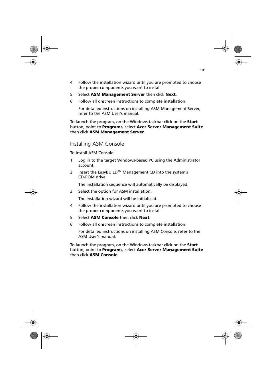 Installing asm console | Acer Altos R300 User Manual | Page 115 / 130