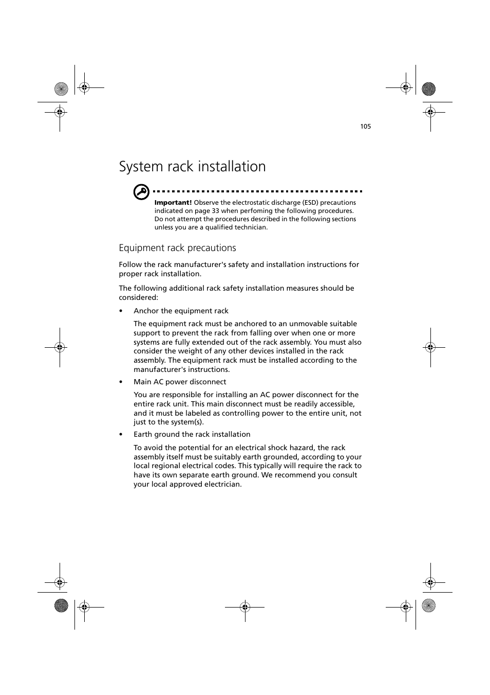 System rack installation, Equipment rack precautions | Acer Altos R300 User Manual | Page 119 / 130