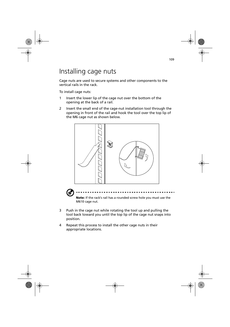 Installing cage nuts | Acer Altos R300 User Manual | Page 123 / 130