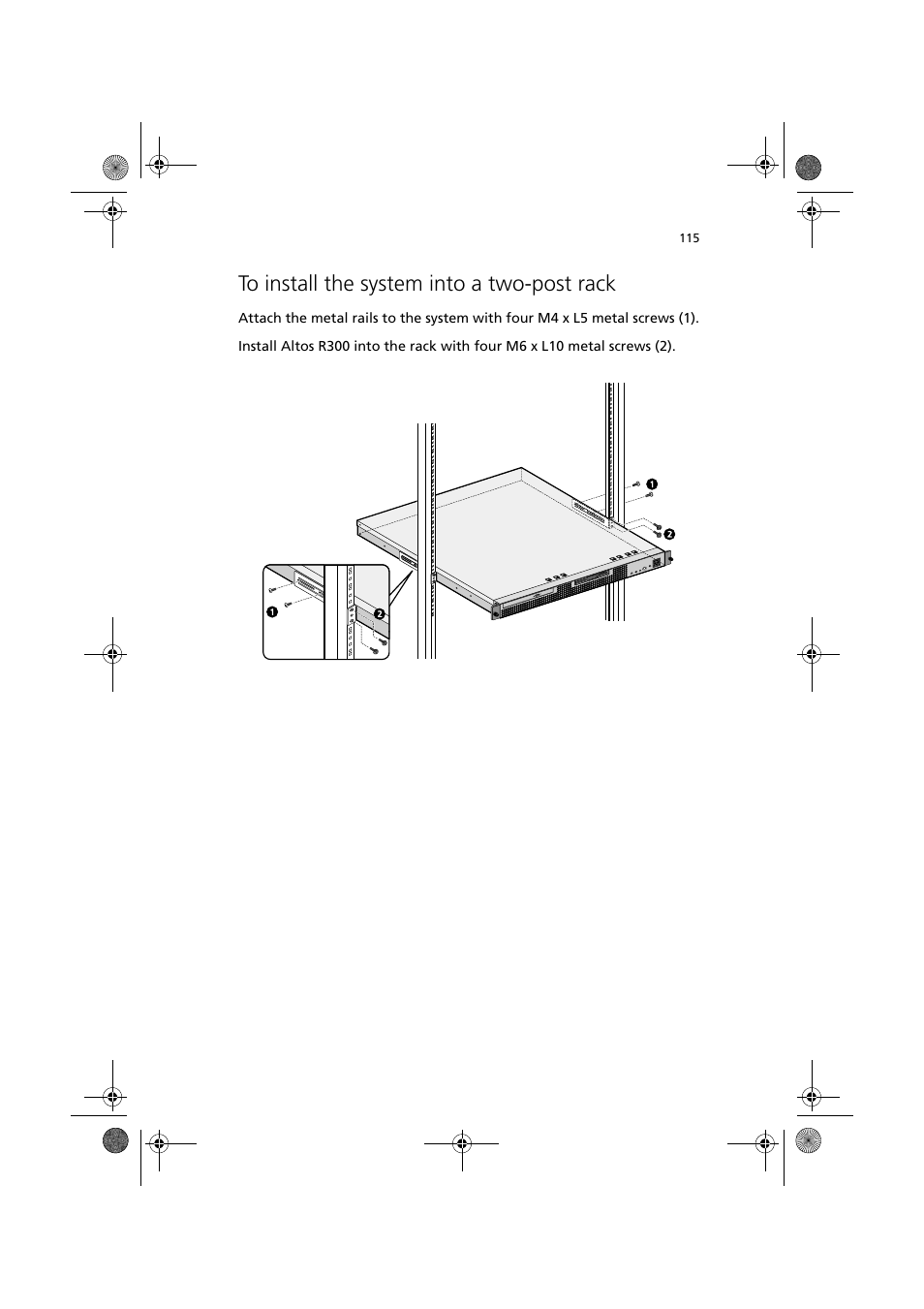 To install the system into a two-post rack | Acer Altos R300 User Manual | Page 129 / 130